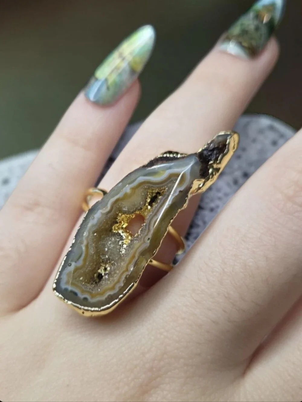 18k Gold Plated Artisan Tigers Eye Agate Geode Stone Statement Ring